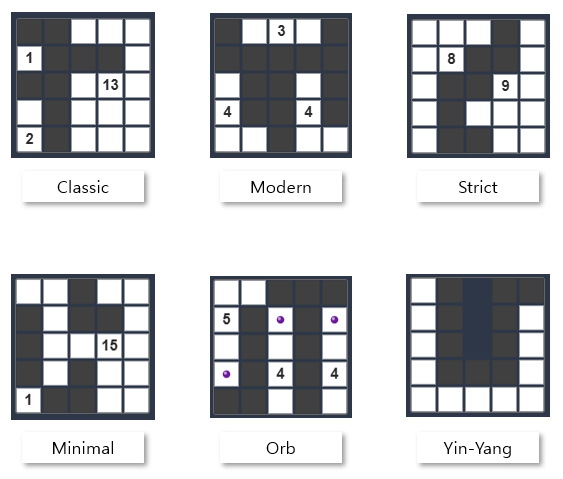 Map examples of Logic Islands' 6 Rule Sets